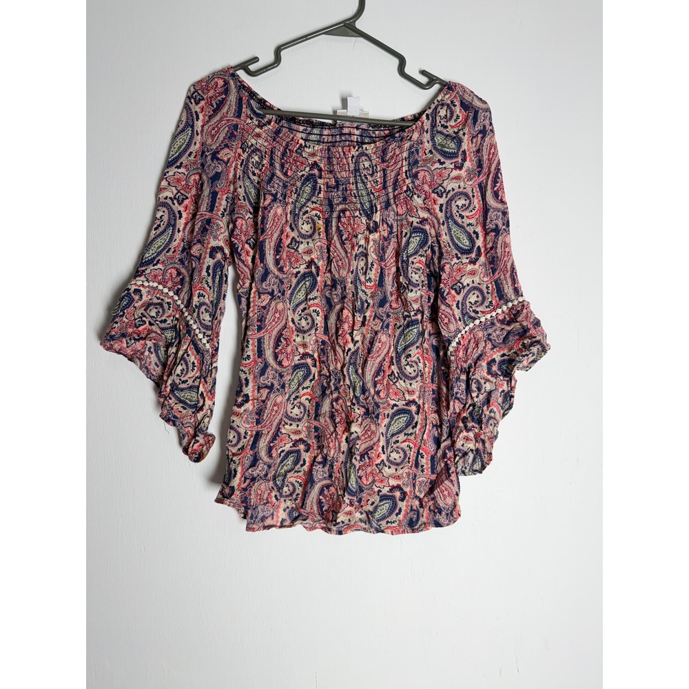 Westport 1962 Pink Blue Paisley Boho Smocked Bell Sleeve Blouse Top Small
